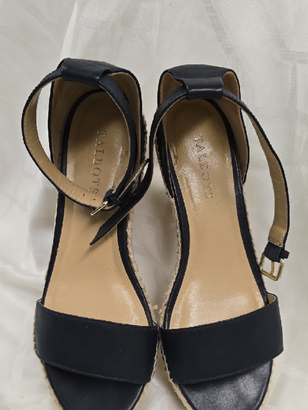 Talbots Indigo Navy Leather Espadrille Wedge Sandals with Ankle Strap - Picture 4 of 12
